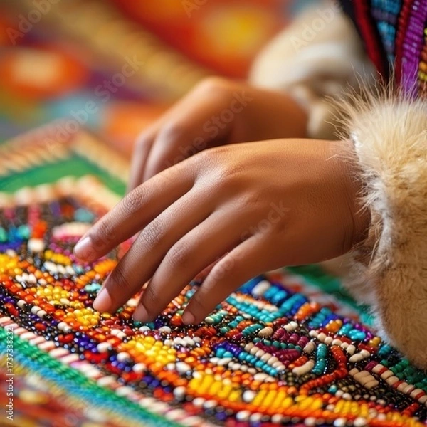 Obraz Indigenous Girls Creating Intricate Beadwork with Hands, Showcasing Cultural Artistry and Tradition in Close-Up