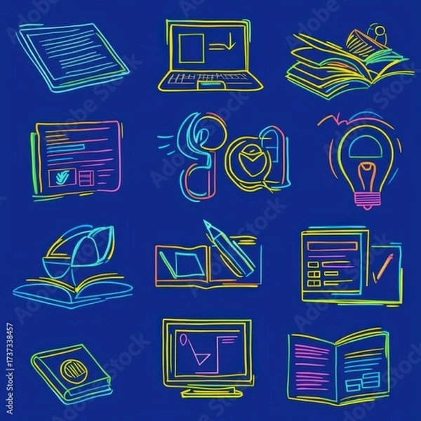 Obraz Vibrant Set of Online Education Icons Featuring Line Drawings of Learning Tools and Resources