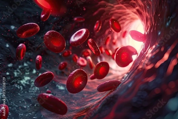 Fototapeta Photorealistic microscopic view of red blood cells with a single white cell