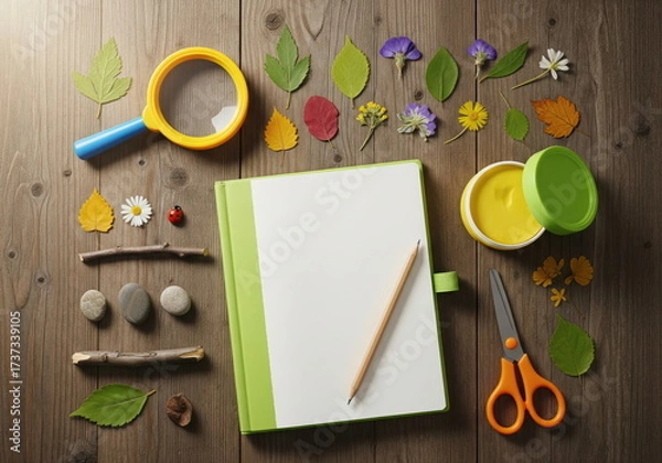 Fototapeta Nature Explorer's Toolkit: A curated collection of natural elements and tools, including vibrant leaves, delicate flowers, a magnifying glass, and a notebook with pencil.