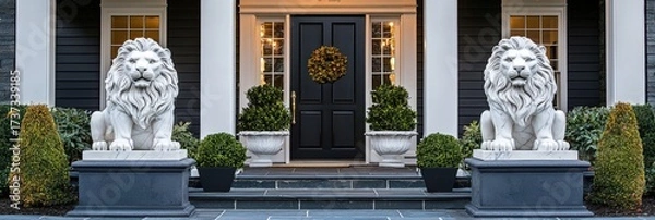 Obraz Majestic Stone Lions at the Entrance of a Home with Lush Greenery and Elegant Front Door Decor