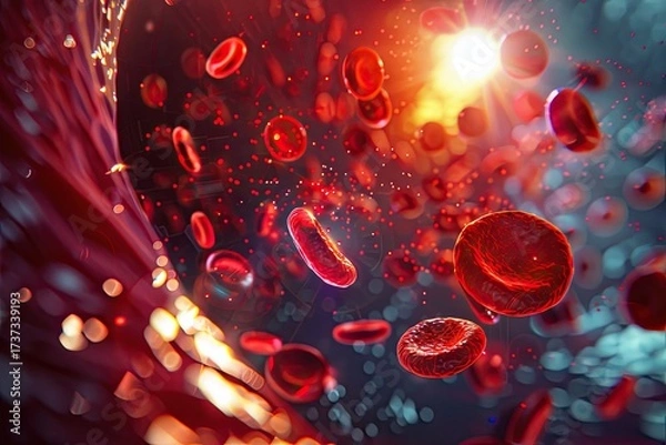 Fototapeta Photorealistic microscopic view of red blood cells with a single white cell