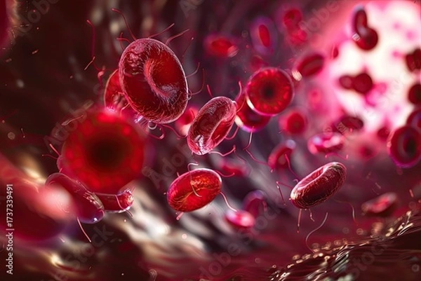 Fototapeta Photorealistic microscopic view of red blood cells with a single white cell