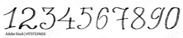 Fototapeta Lettering set of numbers. 1, 2, 3, 4, 5, 6, 7,8,9,0. Cursive font. Black color. Texture of white dots. Written with a marker, by hand. Different shapes. Written in a row. Isolated on white background.