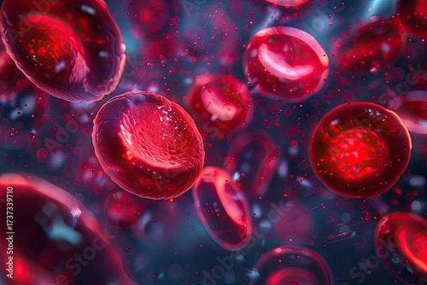 Fototapeta Photorealistic microscopic view of red blood cells with a single white cell