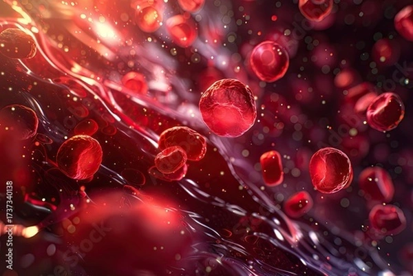Fototapeta Photorealistic microscopic view of red blood cells with a single white cell