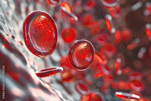 Fototapeta Photorealistic microscopic view of red blood cells with a single white cell