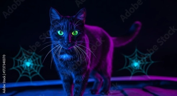 Fototapeta Halloween cat with glowing eyes in neon spiderweb background