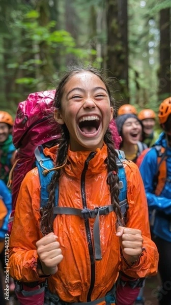 Obraz Young Students Enjoying Nature Adventure in Rainy Forest, Demonstrating Joy and Camaraderie Amidst Lush Greenery