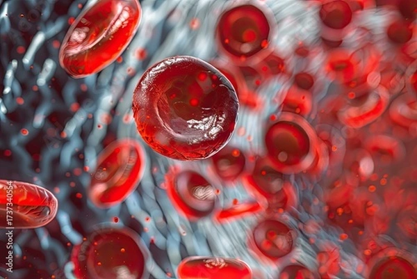 Fototapeta Photorealistic microscopic view of red blood cells with a single white cell