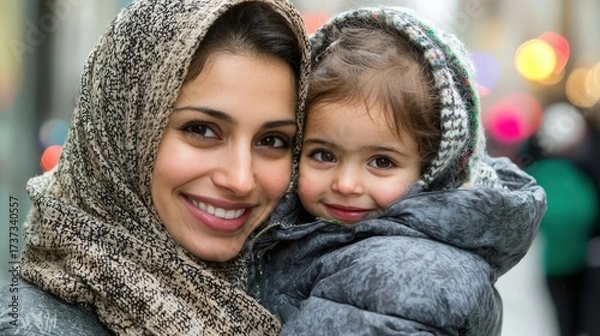 Obraz Warm Embrace Between Beautiful Young Middle Eastern Mother and Child in Urban Setting
