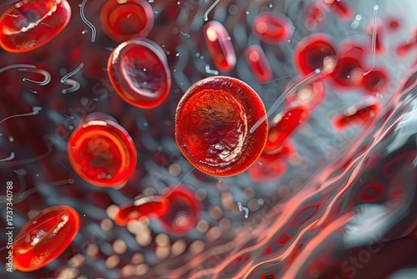 Fototapeta Photorealistic microscopic view of red blood cells with a single white cell