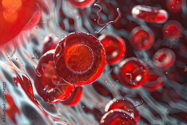 Fototapeta Photorealistic microscopic view of red blood cells with a single white cell