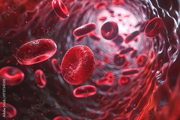 Fototapeta Photorealistic microscopic view of red blood cells with a single white cell