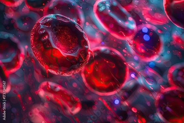 Fototapeta Photorealistic microscopic view of red blood cells with a single white cell