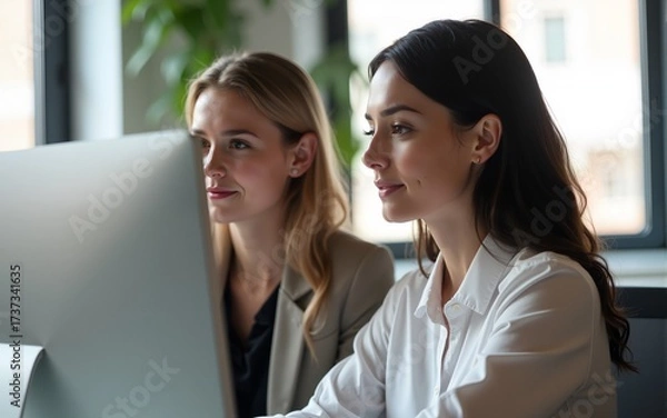 Fototapeta Two beautiful business women working together on computer in the office. High quality