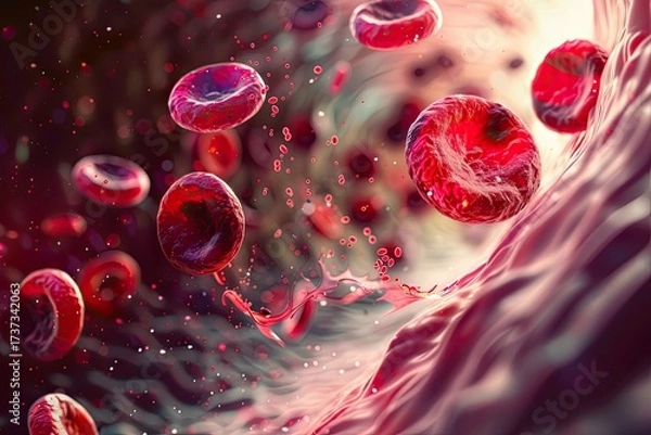Fototapeta Photorealistic microscopic view of red blood cells with a single white cell