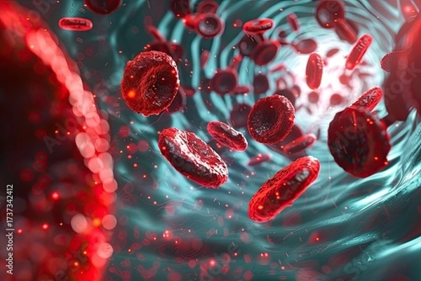 Fototapeta Photorealistic microscopic view of red blood cells with a single white cell