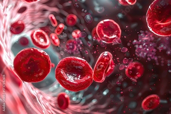 Fototapeta Photorealistic microscopic view of red blood cells with a single white cell