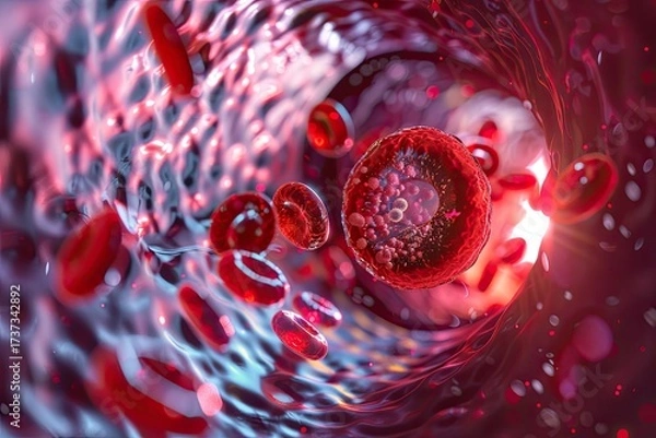 Fototapeta Photorealistic microscopic view of red blood cells with a single white cell