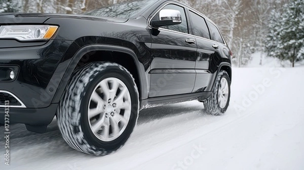 Fototapeta A black SUV with winter tires is driving dynamically on a snow-covered road in a winter forest, kicking up snow.