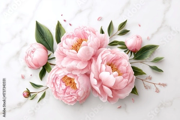 Fototapeta Close-up of blush peonies and leaves, arranged on white marble, scattered petals
