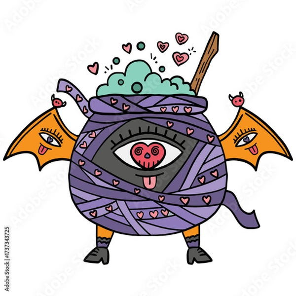 Fototapeta halloween festival. Colorful cartoon cauldron character with an eye and bat wings. retro trendy groovy halloween illustration in doodle pastel color line style