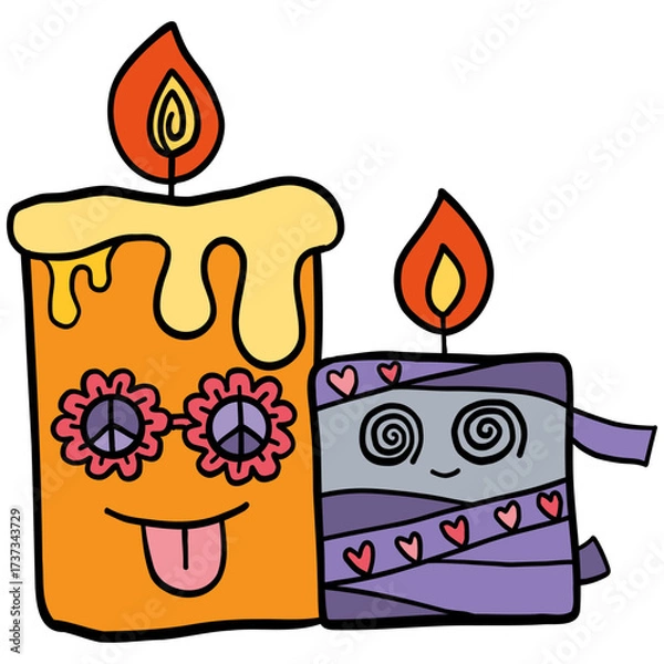 Fototapeta halloween festival. Playful cartoon candles with smiling faces and vibrant colors. retro trendy groovy halloween illustration in doodle pastel color line style