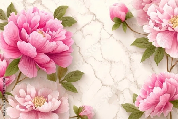Fototapeta Vivid pink peonies on a light beige, marbled surface, creating a floral, elegant design