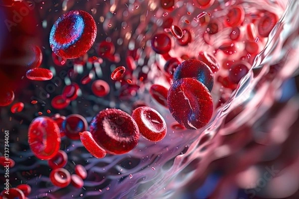 Fototapeta Photorealistic microscopic view of red blood cells with a single white cell
