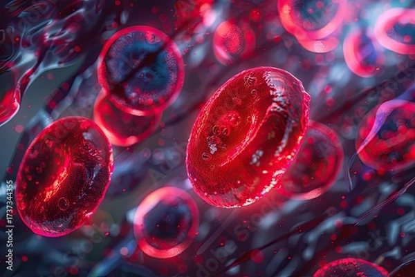 Fototapeta Photorealistic microscopic view of red blood cells with a single white cell