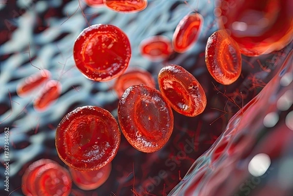 Fototapeta Photorealistic microscopic view of red blood cells with a single white cell
