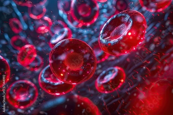 Fototapeta Photorealistic microscopic view of red blood cells with a single white cell