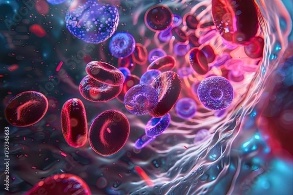 Fototapeta Photorealistic microscopic view of red blood cells with a single white cell