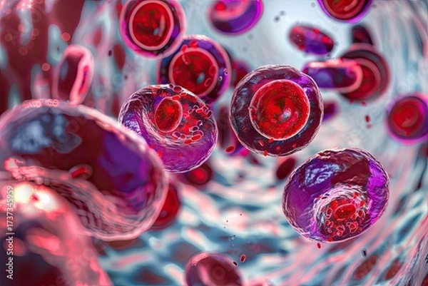 Fototapeta Photorealistic microscopic view of red blood cells with a single white cell