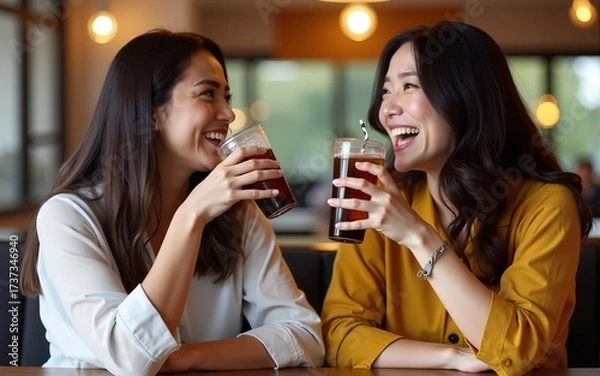 Fototapeta Image of two women laughing and drinking soda while sitting at table. High quality