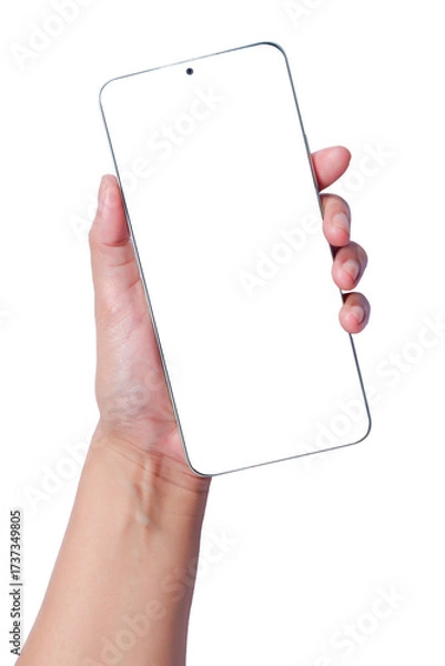 Fototapeta A hand holding a cell phone with a white background. Hand business man holding mobile smartphone with blank screen isolated on white background with clipping path