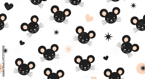 Obraz A charming pattern of cute black mice faces with pink hearts and stars.
