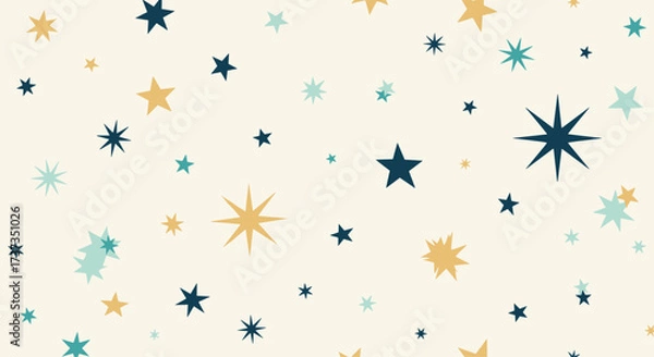 Obraz A whimsical pattern of scattered golden teal and navy blue starbursts and simple stars on a cream background.