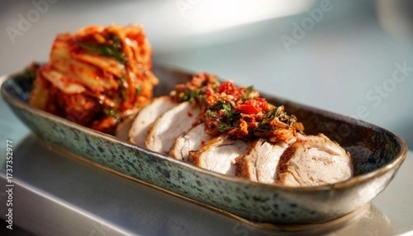 Fototapeta Medium shot of a beautifully arranged tray featuring sliced meat and vibrant kimchi, showcasing the rich colors and textures of Korean cuisine in an inviting presentation