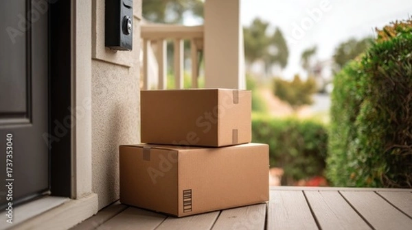Fototapeta Two stacked parcels sit neatly beside a modern door, showcasing a welcoming entrance with a blend of contemporary design and natural surroundings, perfect for delivery themes