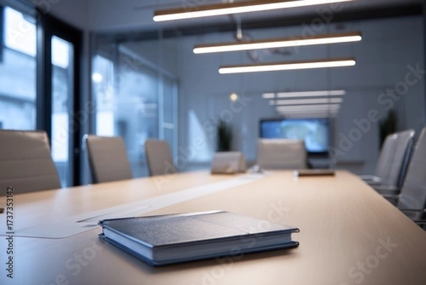 Fototapeta Modern meeting lobby featuring a sleek wooden table with a blue notebook, stylish chairs, and ambient lighting, creating a professional and inviting atmosphere for discussions