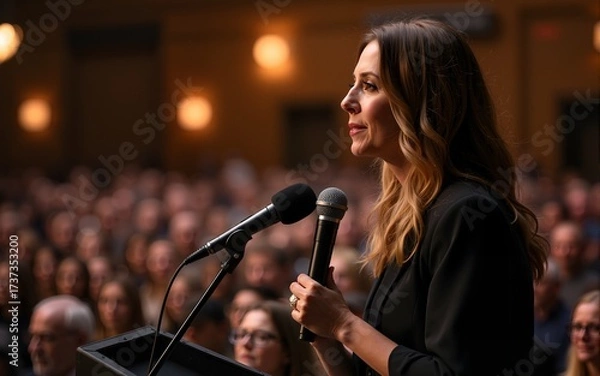 Fototapeta A woman with two microphones is standing in front of a crowd of people. High quality
