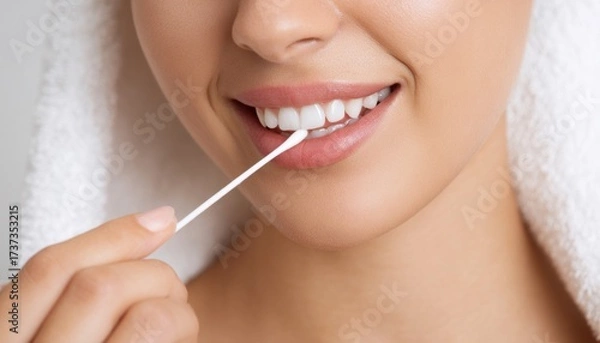 Fototapeta Smiling woman with a towel on her head is using a cotton swab to apply a cosmetic product to her lips, showcasing personal care and beauty routine