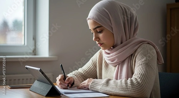 Fototapeta Muslim student learning online with tablet. A focused home learning session
