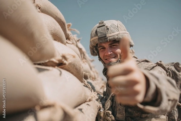 Fototapeta Soldier in military uniform gives a thumbs up gesture while standing beside sandbags, showcasing positivity and camaraderie in a military environment
