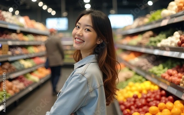 Fototapeta Woman Enjoying A Vibrant Supermarket Experience generative ai. High quality