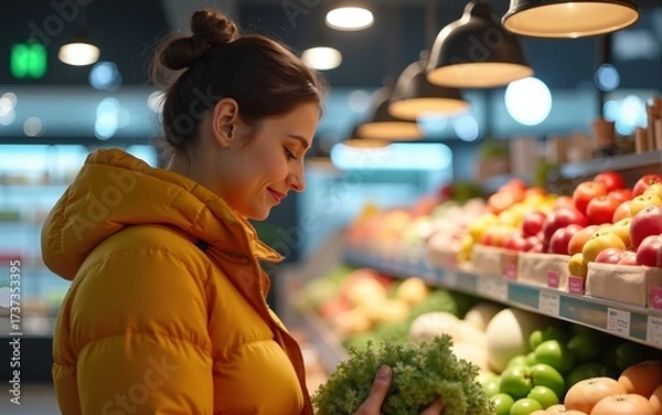 Fototapeta Woman Enjoying A Vibrant Supermarket Experience generative ai. High quality