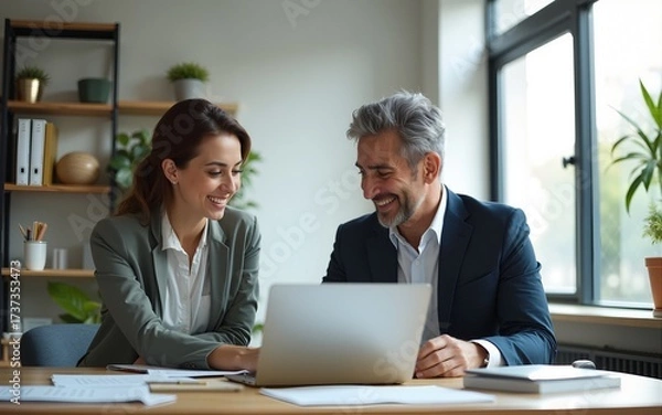Fototapeta Two busy business team people using laptop computer working together sitting at office meeting. Happy young woman and mature man entrepreneurs or executives smiling at work talking in modern workspace