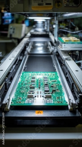 Fototapeta Medium shot of populated PCB entering reflow oven, showcasing intricate circuitry and components, highlighting the manufacturing process in a modern electronics facility